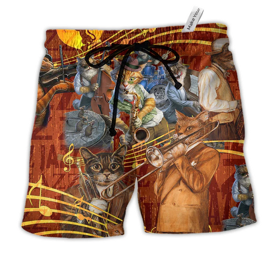 Cat Born To Be A Jazz Hawaiian Print Beach Shorts For Resort Trips And Weekend Wear