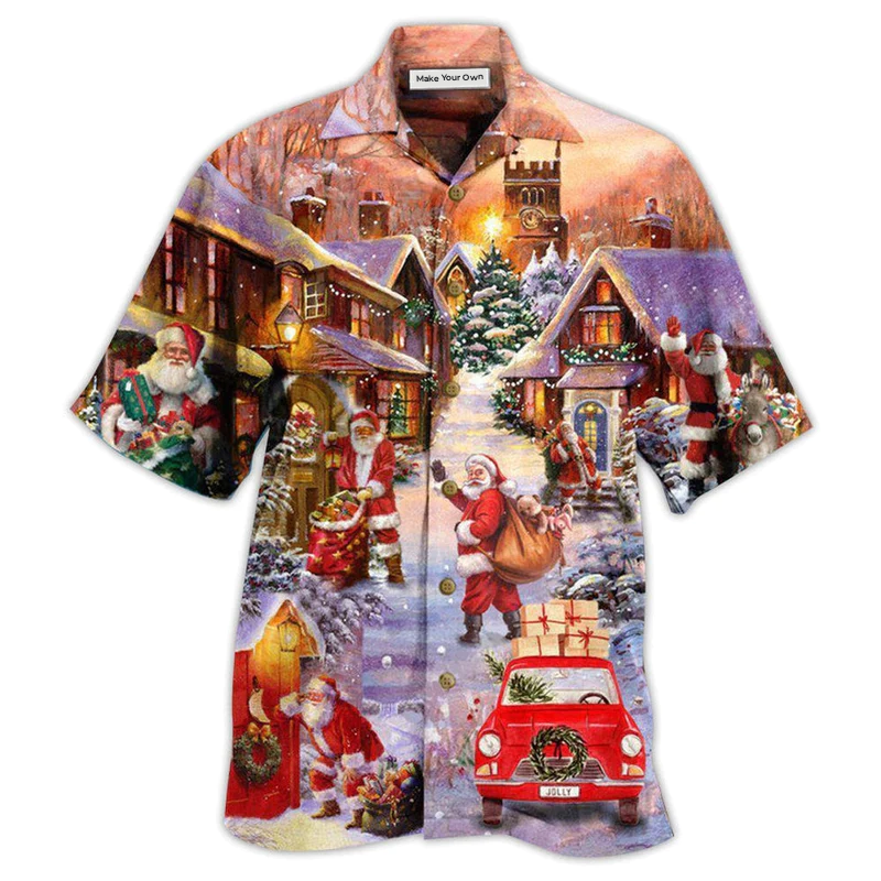 Christmas Santa Delivering Street Hawaiian Shirt Artwork Detail For Tropical Trips And Casual Outings