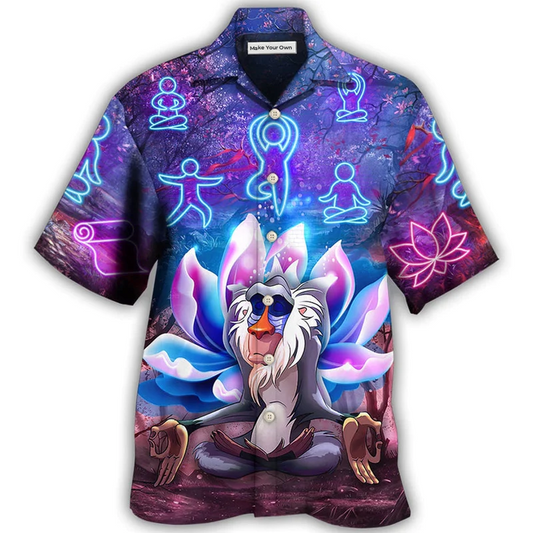 Floral Neon Monkey Mandrill Yoga Pose Lotus Hawaiian Shirt Artwork Detail For Tropical Trips And Casual Outings