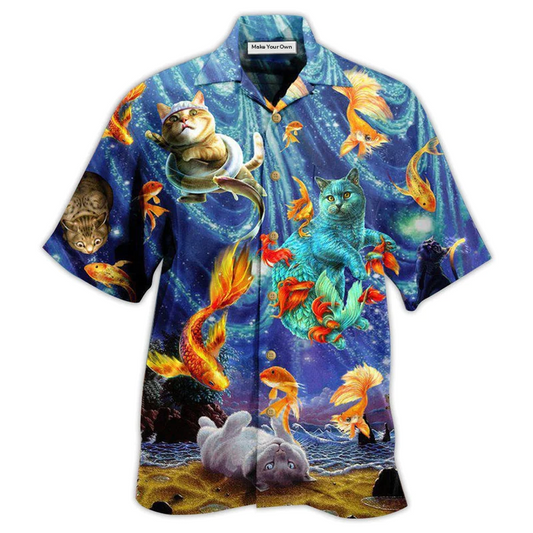 Dreamy Gold Cat About Playing Big Fish Hawaiian Shirt For Summer Events And Casual Outdoor Wear