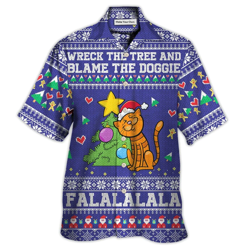 Cat Wreck Tree Blame Doggie Christmas Hawaiian Shirt For Summer Events And Casual Outdoor Wear