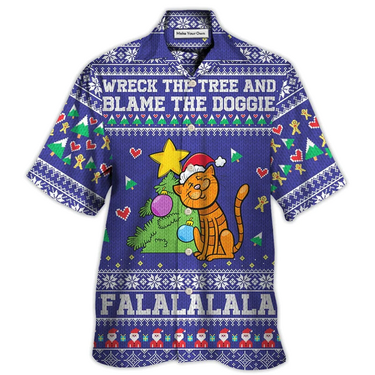 Cat Wreck Tree Blame Doggie Christmas Hawaiian Shirt For Summer Events And Casual Outdoor Wear