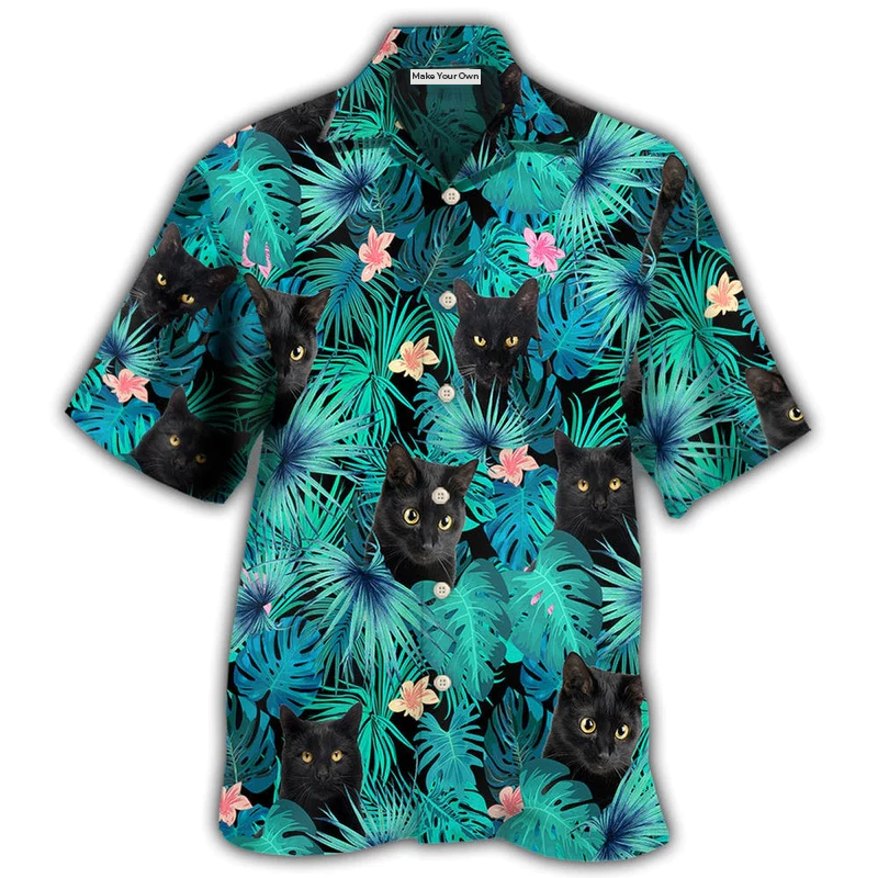 Black Tropical Cat Leaf Hawaiian Shirt For Coastal Adventures And Warm Weather Wear