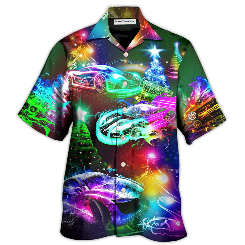 Happy Car Racing Christmas Everything Hawaiian Shirt Artwork Detail For Resort Trips And Outdoor Activities