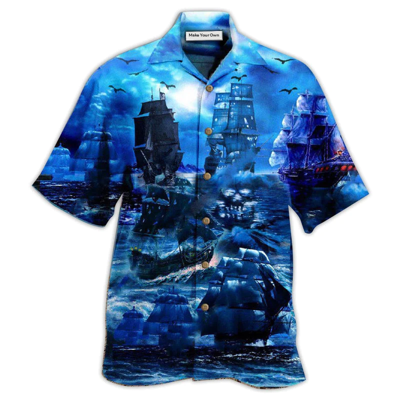 Ship Nautical Pirate Romantic Moonlight Fantastic Hawaiian Shirt Artwork Detail For Resort Trips And Outdoor Activities