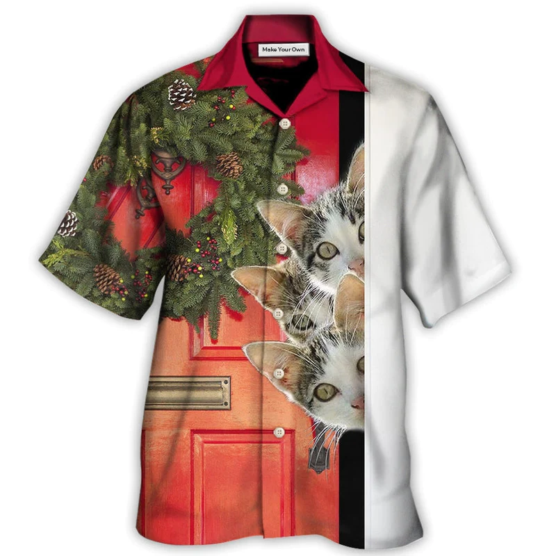 Cat Christmas Looking Forward Hawaiian Shirt Pattern Detail For Vacation Travel And Daily Wear