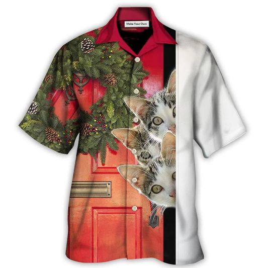 Cat Christmas Looking Forward Hawaiian Shirt Pattern Detail For Vacation Travel And Daily Wear