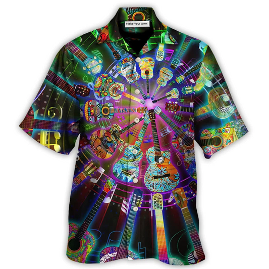 Bohemian Funny Colorful Guitar Music Hawaiian Shirt Artwork View For Coastal Escapes And Resort Style