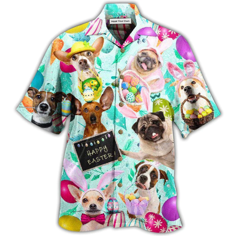 Happy Dog Easter Eggs Hawaiian Shirt Design Detail For Beach Days And Holiday Travel