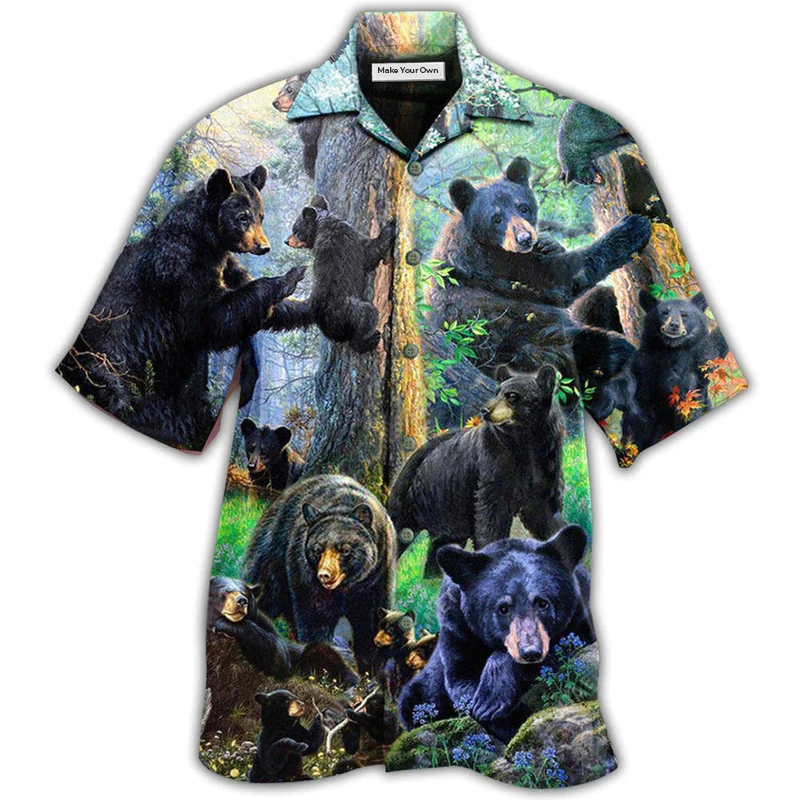Black Bear Family Spring Hawaiian Shirt For Coastal Adventures And Warm Weather Wear