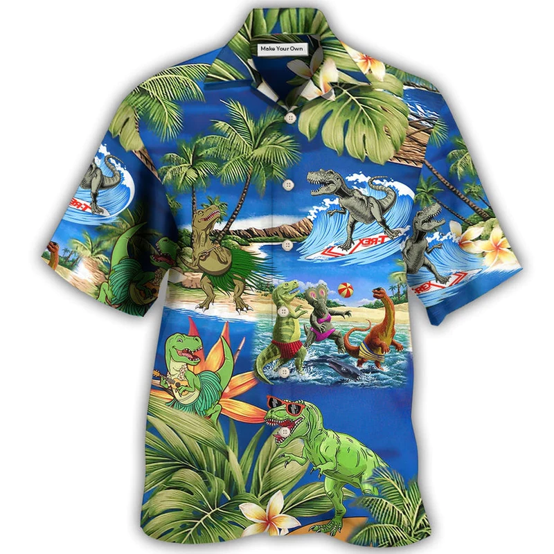 Dinosaur Summer Beach Hawaiian Shirt Pattern View For Relaxed Warm Weather Outfits