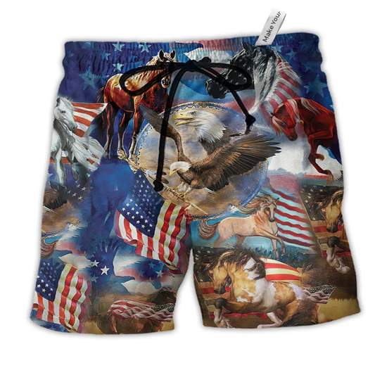 Horse Patriotic America Flag Hawaiian Print Beach Shorts For Warm Weather Holiday Style