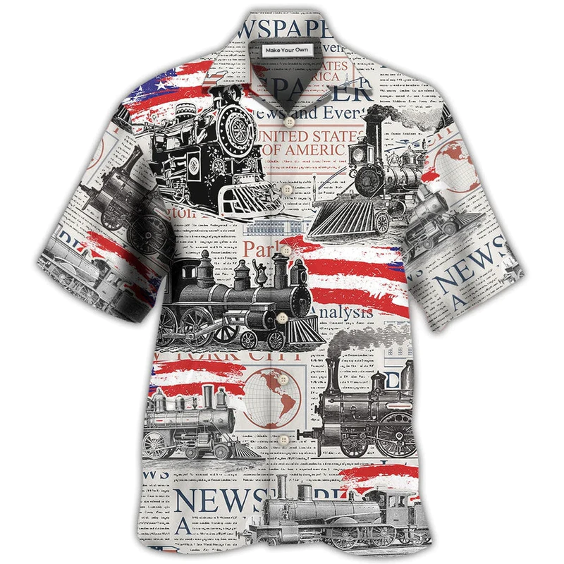 Retro Train Independence Day US Flag Hawaiian Shirt Pattern Detail For Summer Holidays And Outdoor Fun