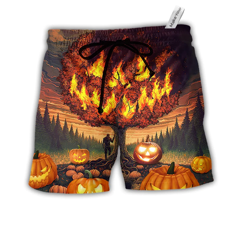 Halloween Pumpkin Burning Crazy Hawaiian Print Beach Shorts For Bold Summer Vacation Style