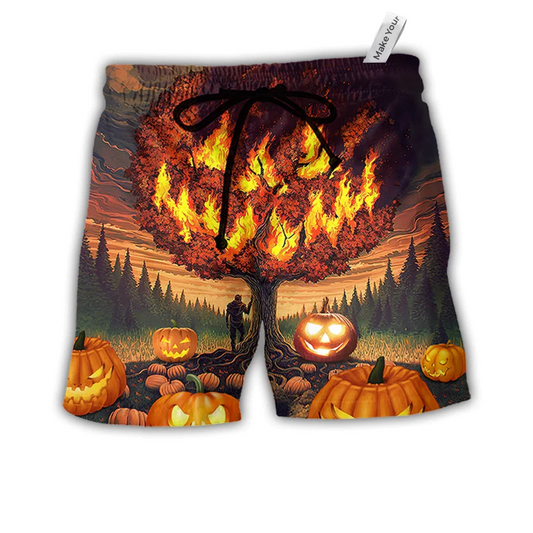 Halloween Pumpkin Burning Crazy Hawaiian Print Beach Shorts For Bold Summer Vacation Style