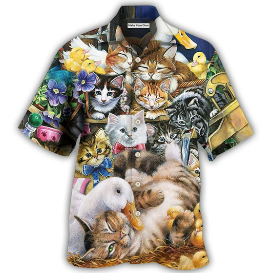 Animals Ducks Cats Hawaiian Shirt Design View For Casual Summer Styling