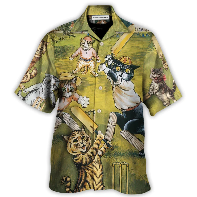 Funny Cat Cricket Hawaiian Shirt Fabric Pattern Detail For Casual Outings