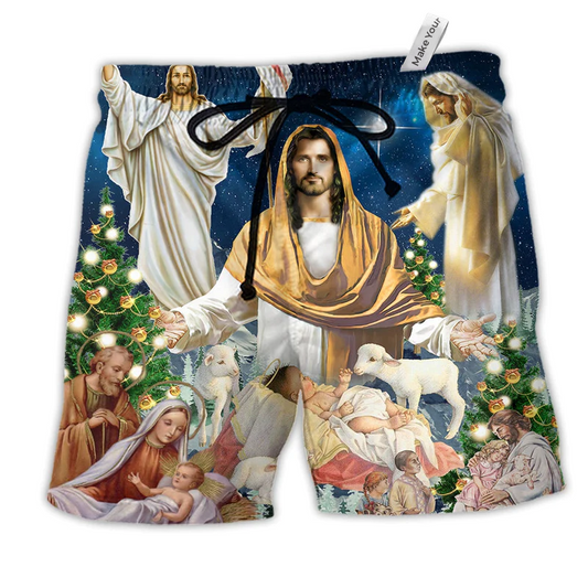 Jesus Christmas Miracle Night Hawaiian Print Beach Shorts For Warm Weather Celebrations