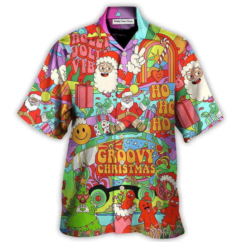 Christmas Hippie Santa Bus Peace Hawaiian Shirt Button Front Artwork For Outdoor Gatherings