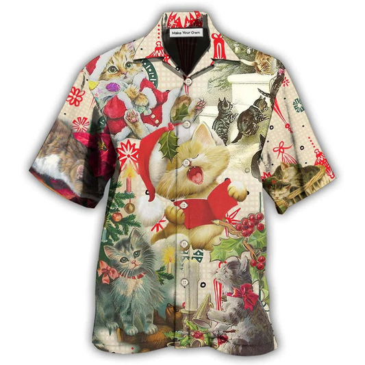 Festive Cat Sing Melody Chrismas Hawaiian Shirt Design View For Casual Summer Styling