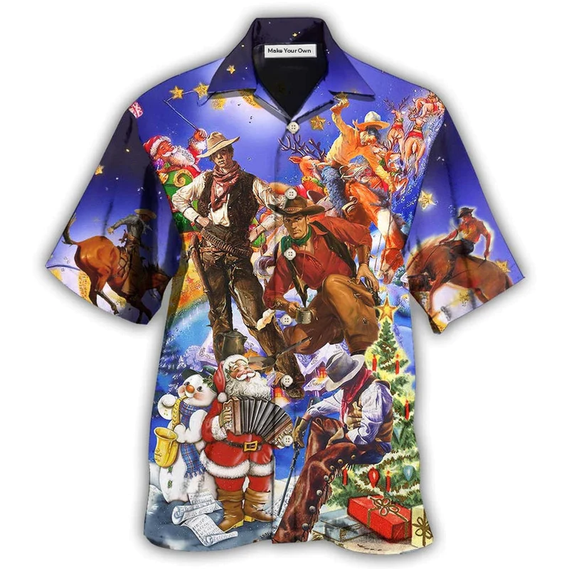 Happy Festive Cowboy Christmas Hawaiian Shirt Design Detail For Sunny Adventures And Casual Wear