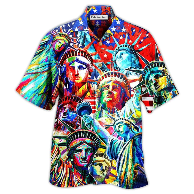 Colorful American Statue Liberty Hawaiian Shirt Artwork View For Weekend Travel And Beach Style