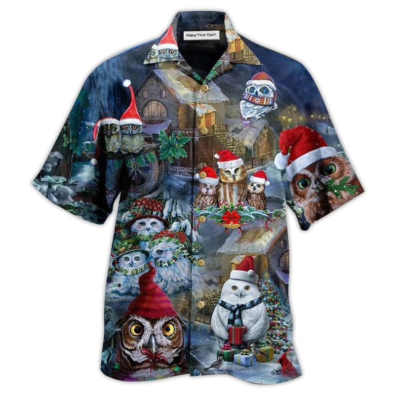 Festive Happy Owl Christmas Hawaiian Shirt Design Detail For Sunny Adventures And Casual Wear