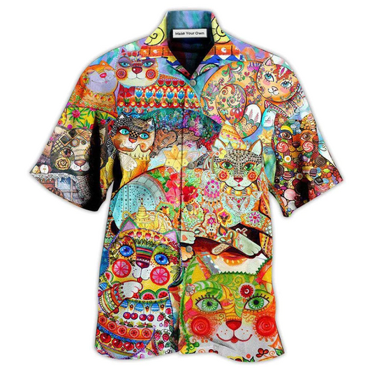 Cute Colorful Cat Hawaiian Shirt Pattern Detail For Summer Holidays And Outdoor Fun
