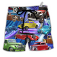 Green Red Car Beach Shorts For Island Getaways And Bright Seasonal Outfits