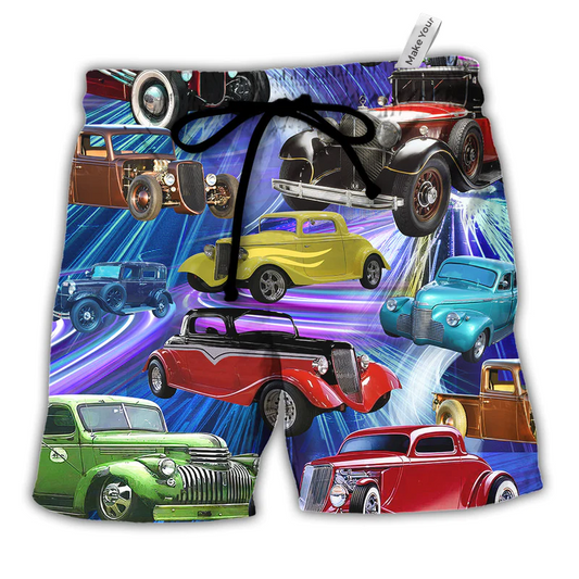 Green Red Car Beach Shorts For Island Getaways And Bright Seasonal Outfits