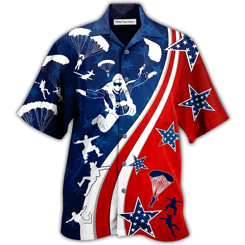 Patriotic Skydiving Hawaiian Shirt For Coastal Vacations Warm Weather Events And Daily Style