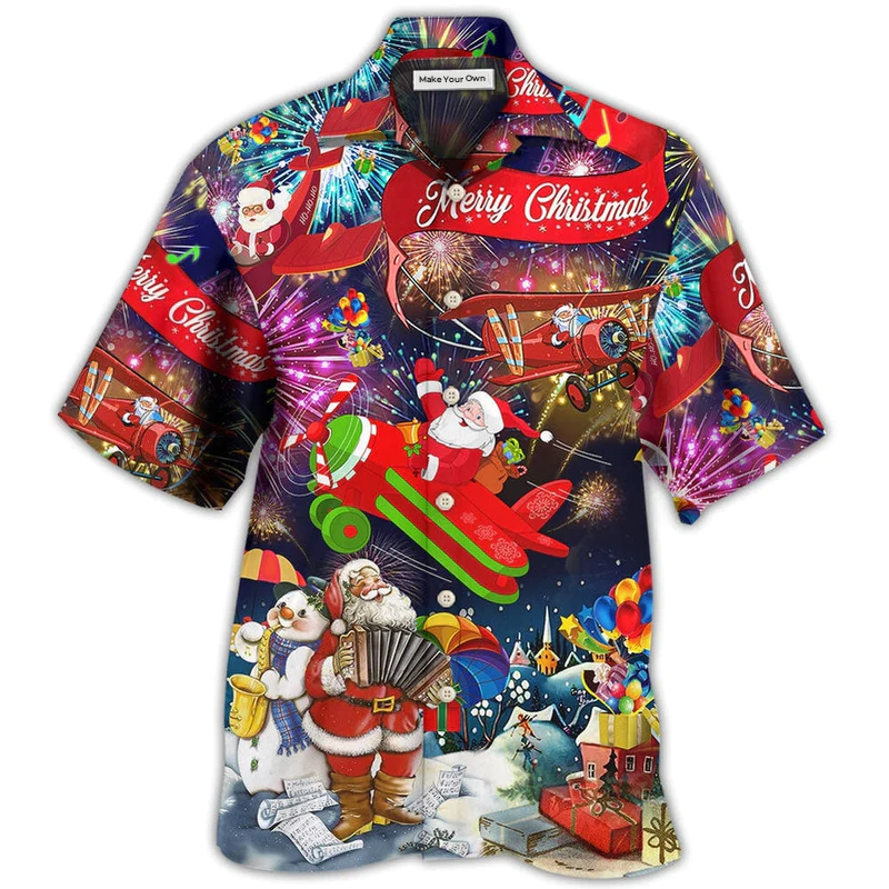 Festive Christmas Spreading Plane Hawaiian Shirt For Beach Parties And Weekend Getaways