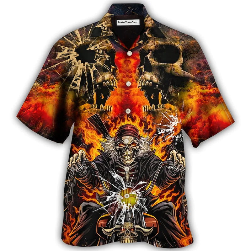 Skull Biker Hawaiian Shirt Artwork Detail For Resort Trips And Outdoor Activities