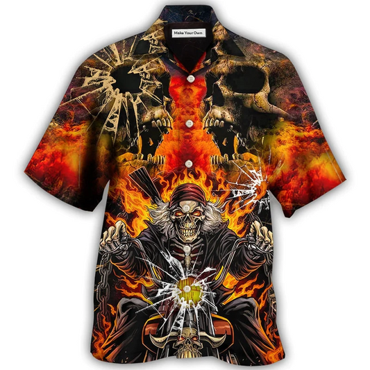 Skull Biker Hawaiian Shirt Artwork Detail For Resort Trips And Outdoor Activities