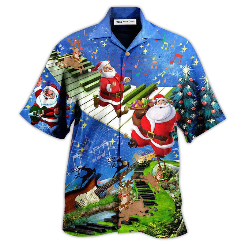 Blue Christmas Jumping Musical Hawaiian Shirt Pattern View For Relaxed Warm Weather Outfits