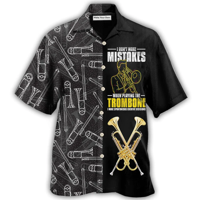Black Trombone Hawaiian Shirt For Summer Vacation Beach Travel And Casual Wear