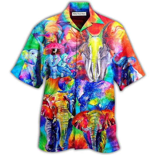 Happy Rainbow Colorful Elephant Family Hawaiian Shirt For Vacation Days And Relaxed Coastal Outings