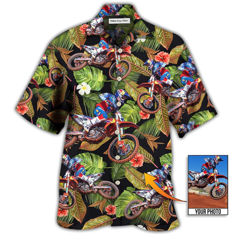 Tropical Floral Motocross Custom Photo Hawaiian Shirt For Summer Events And Casual Outdoor Wear