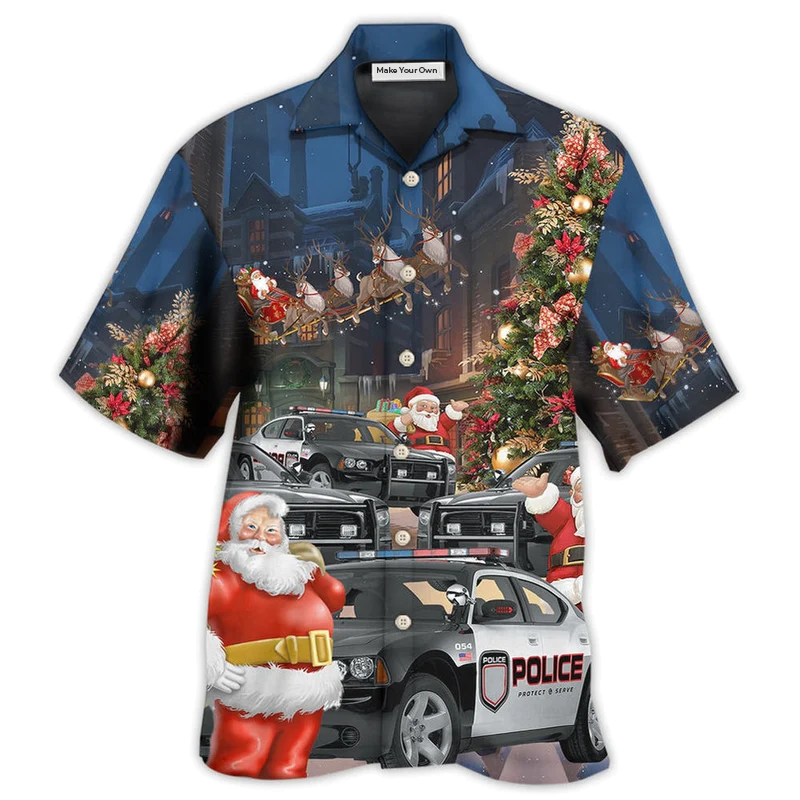 Christmas Police Car Hawaiian Shirt For Tropical Escapes Resort Wear And Outdoor Celebrations