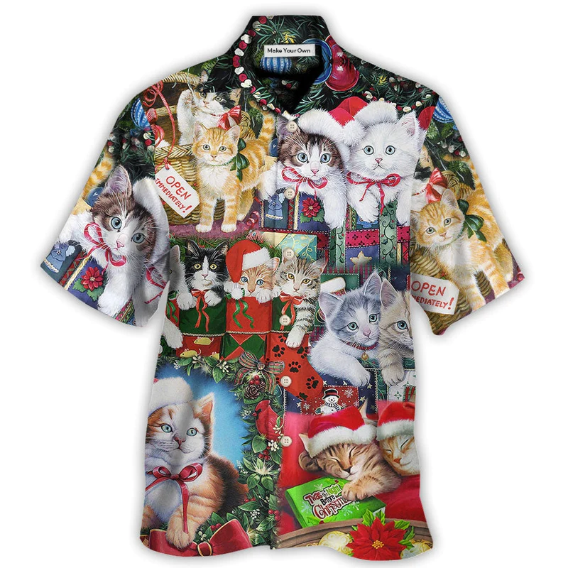 Festive Cat Christmas Tree Hawaiian Shirt Collar And Front View For Outdoor Gatherings