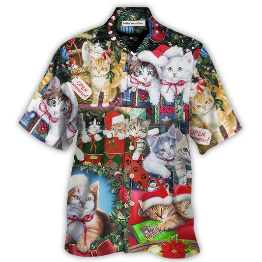 Festive Cat Christmas Tree Hawaiian Shirt Collar And Front View For Outdoor Gatherings