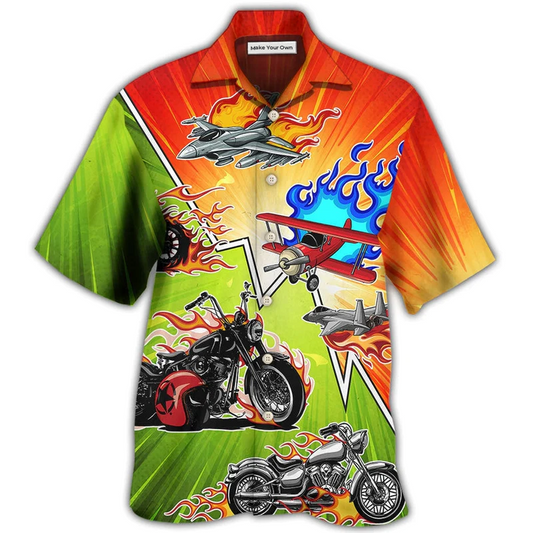 Motorcycle Motorcycles Airplanes Hawaiian Shirt Artwork Detail For Resort Trips And Outdoor Activities