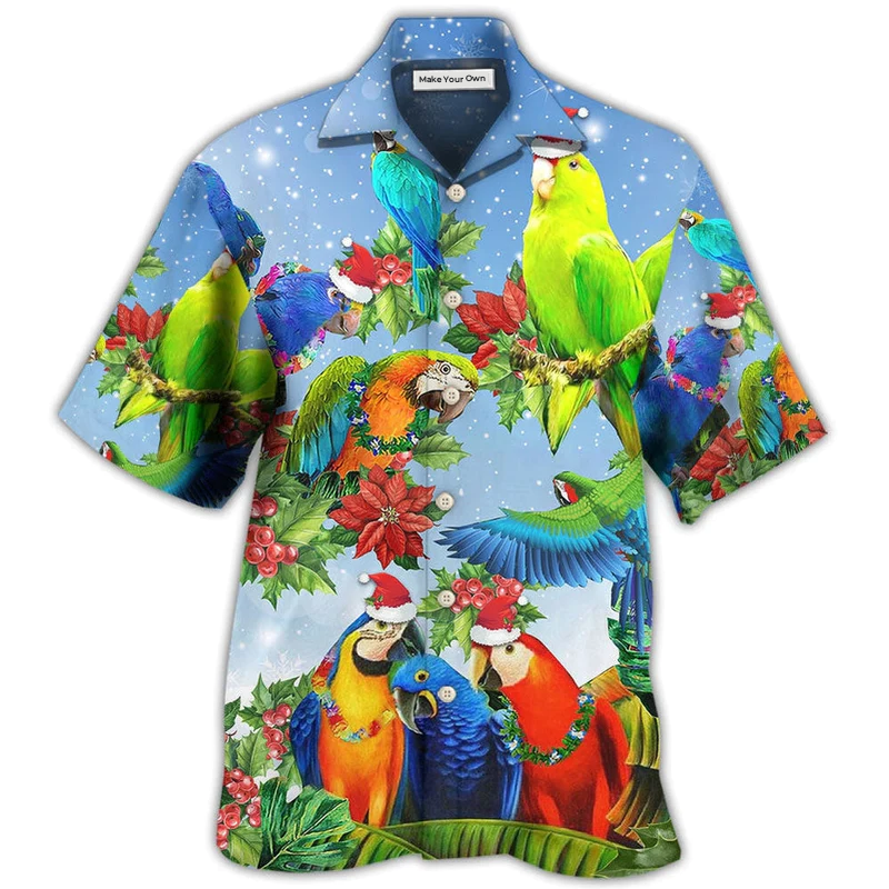 Festive Parrot Couple Christmas Hawaiian Shirt Design Detail For Sunny Adventures And Casual Wear