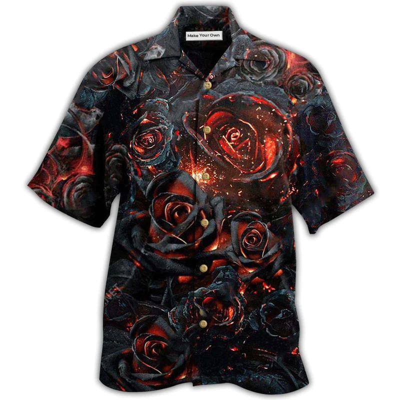 Floral Rose Burning Hawaiian Shirt Pattern Detail For Vacation Travel And Daily Wear