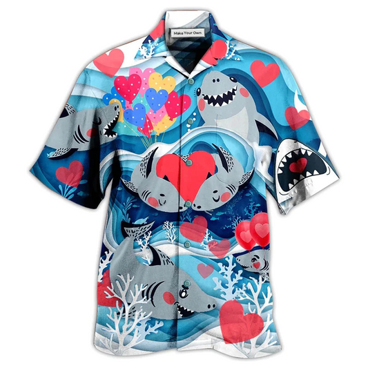 Shark Couple Hawaiian Shirt Artwork Detail For Resort Trips And Outdoor Activities