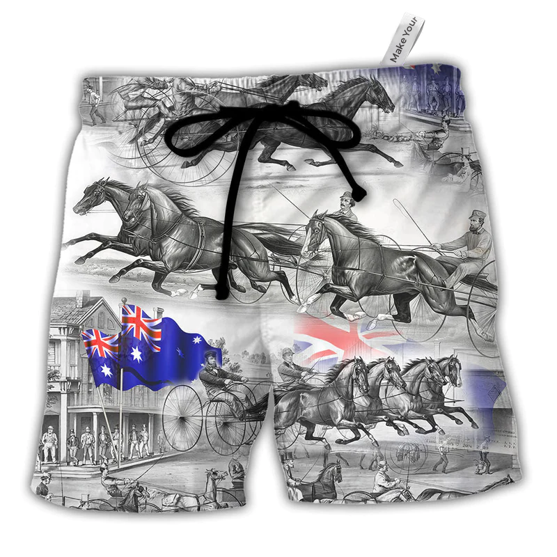 Harness Racing Racing Horse Road Trip Flag Beach Shorts For Weekend Travel And Leisure And Relaxation