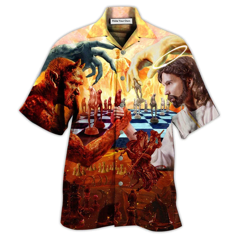 Chess Battle Satan Vs Faith Hawaiian Shirt Design Detail For Beach Days And Holiday Travel