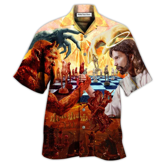 Chess Battle Satan Vs Faith Hawaiian Shirt Design Detail For Beach Days And Holiday Travel