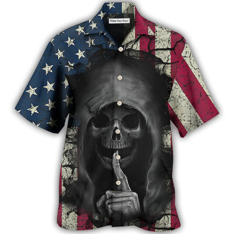 Dark Vintage Skull American Flag Hawaiian Shirt Design Detail For Sunny Adventures And Casual Wear