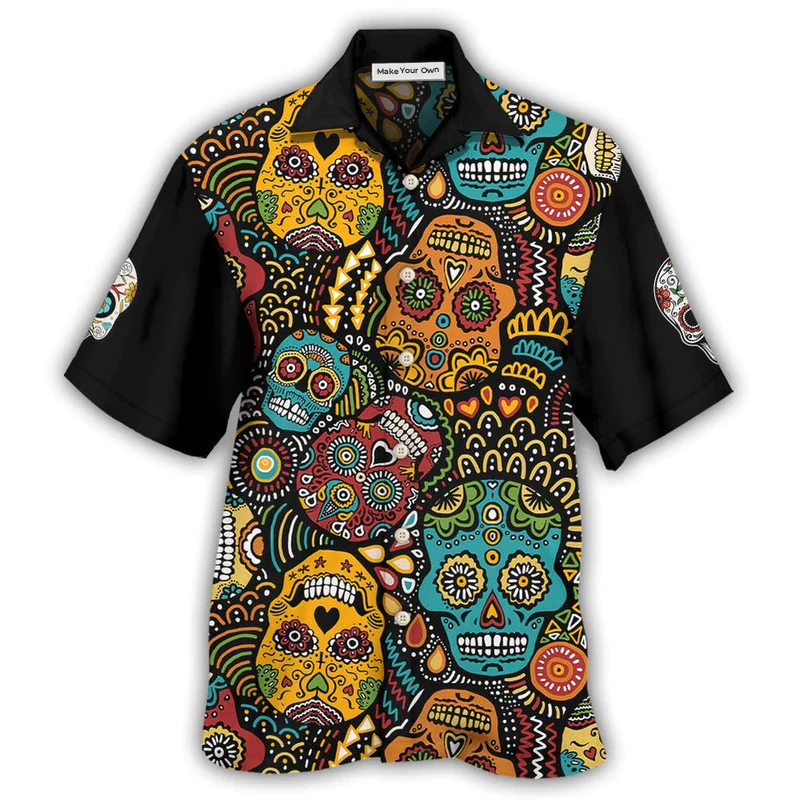 Black Sugar Skull Hawaiian Shirt For Tropical Holiday Resort Parties And Everyday Style